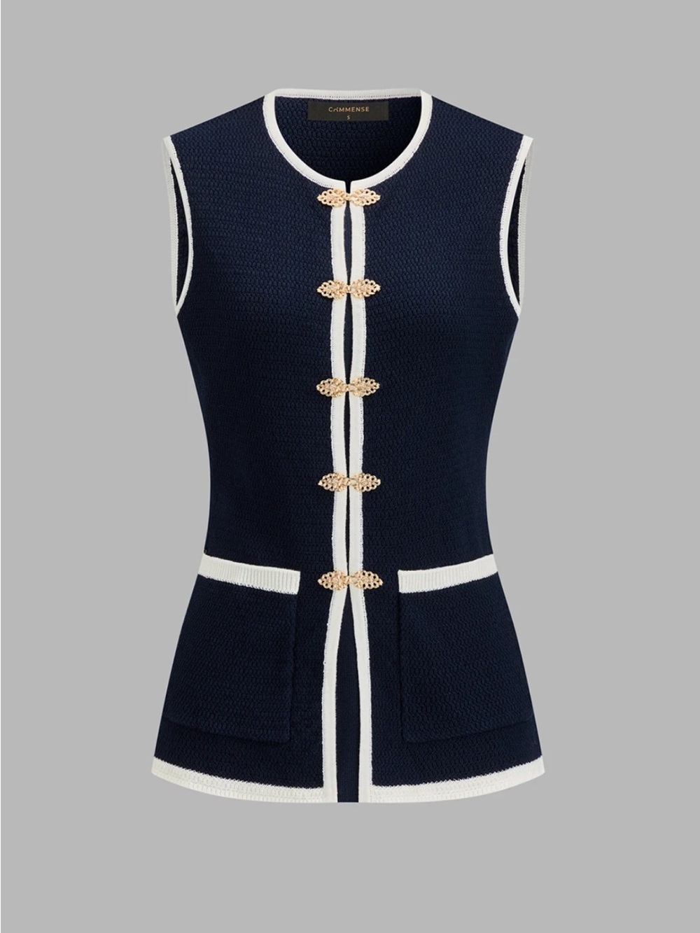 Commense Sleeveless Navy Knit Shorts Set with Contrast Trim Medium - Picture 3 of 9